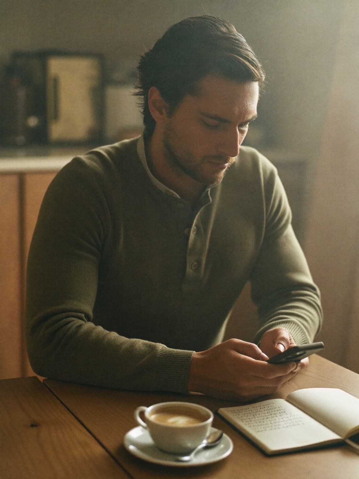 A man checking his phone beside a training journal