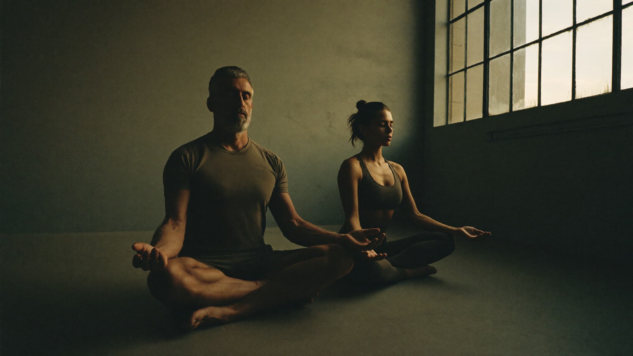 A middle-aged coach guiding a younger woman through seated meditation in a sunlit studio